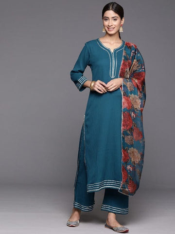 Varanga Women Teal Straight Kurta Paired With Tonal Bottom And Tabby Dupatta